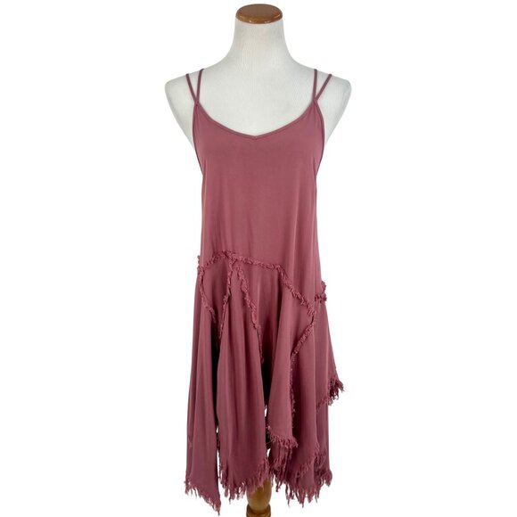 Free People Mauve Pink Frayed Hem Asymmetrical Spaghetti Strap Boho Slip Dress - Picture 3 of 16